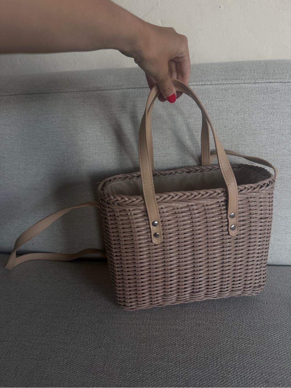 Woven Summer Top-Handle Basket Bag in Taupe